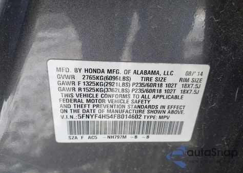 2015 Honda Pilot Ex-L из США, поврежденный, VIN 5FNYF4H54FB014602